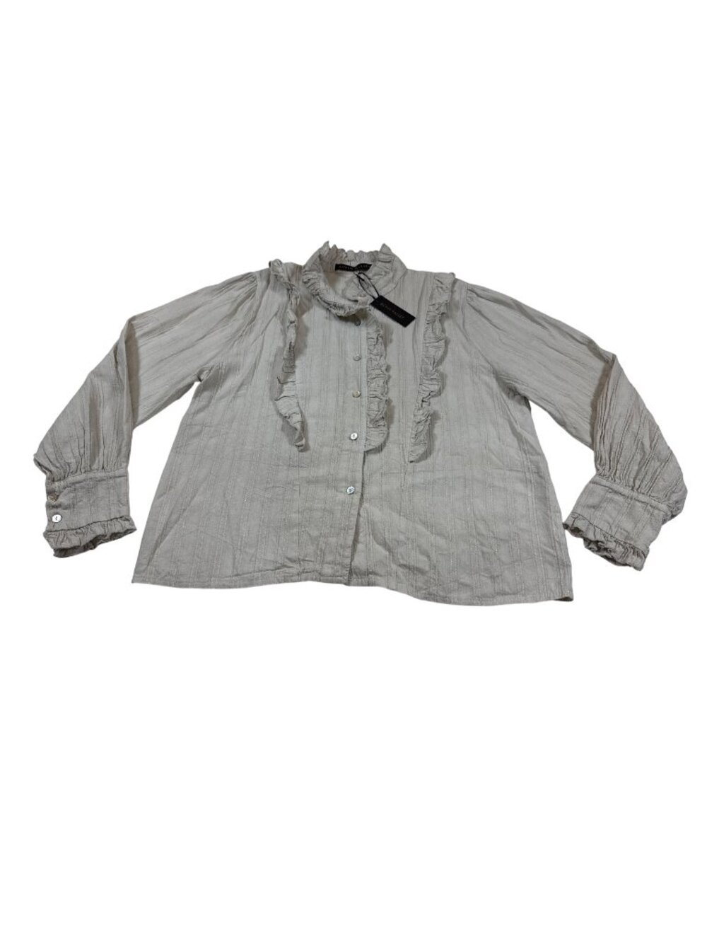 Alvin Valley Beige Textured Ruffle Button-Up Blouse Size 38 Long Sleeve (Y816)